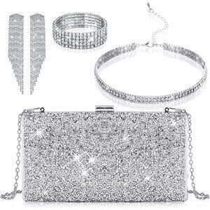 4-Piece Rhinestone Jewelry Set: Elegant Clutch with Earrings, Necklace, Bracelet